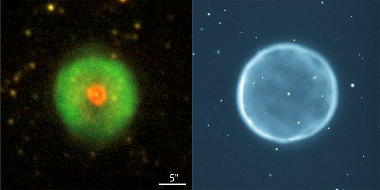 行星狀星雲HuBi 1（左）與典型教科書中的圓球狀行星狀星雲Abell39（右、距離我們太陽系約6800光年）比較。Abell39 的中心為一明亮的白矮星，HuBi 1則具有雙球層結構 ─ 外部星雲為常見的富含氫元素的電離氣體，靠近中心星的內層電離氣體則富含氮元素。造成Abell39與HuBi 1這種結構與元素含量差異的原因，是它們的中心星的演化：Abell39中心白矮星的大氣以氫元素為主，且一直在走向死亡；而HuBi1的中心白矮星於近期發生了一次短暫的「再爆發」，將富含重元素的物質拋射到原先的富氫星雲中，形成元素含量有差異的雙層星雲結構。（HuBi 1 圖片取自《自然·天文學》論文 Guerrero, Fang, Miller Bertolami, et al. 2018, Nature Astronomy, tmp, 112； Abell39圖片來源：美國國家光學天文台，3.5米WIYN望遠鏡拍攝；網址 https://www.noao.edu。）