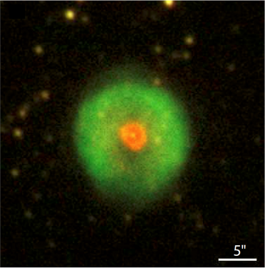行星狀星雲HuBi 1 其中心星於經歷「再爆發」後呈現雙球層結構 ─ 外部星雲為常見的富含氫元素的電離氣體，靠近中心星的內層電離氣體則富含氮元素。（圖片取自《自然·天文學》論文Guerrero, Fang, Miller Bertolami, et al. 2018, Nature Astronomy, tmp, 112）