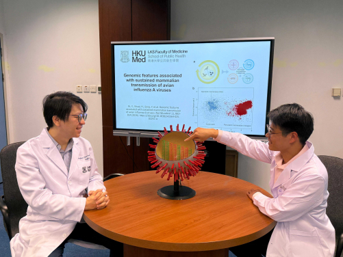A research team from HKUMed develops an AI detection system capable of analysing the genomes of influenza A viruses to accurately predict their potential risk of transmitting among mammals. The research is led by Professor Tommy Lam Tsan-yuk (left).
 
